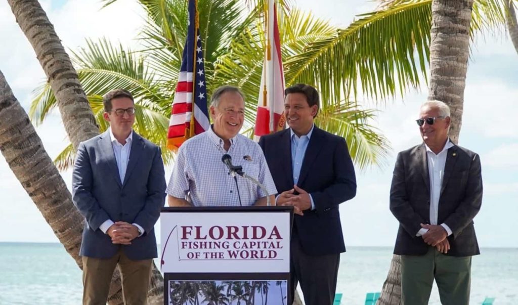 Johnny Morris was joined by Florida Governor Ron DeSantis for the official announcement of the Valhalla Island Resort. Left to right: Florida DEO Sec. Dane Eagle, Morris, Gov. DeSantis, and Rep. Jim Mooney